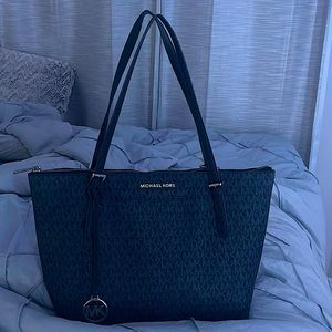 Navy Blue Michael Michael Kors Signature Jet Set West Top Zip Tote